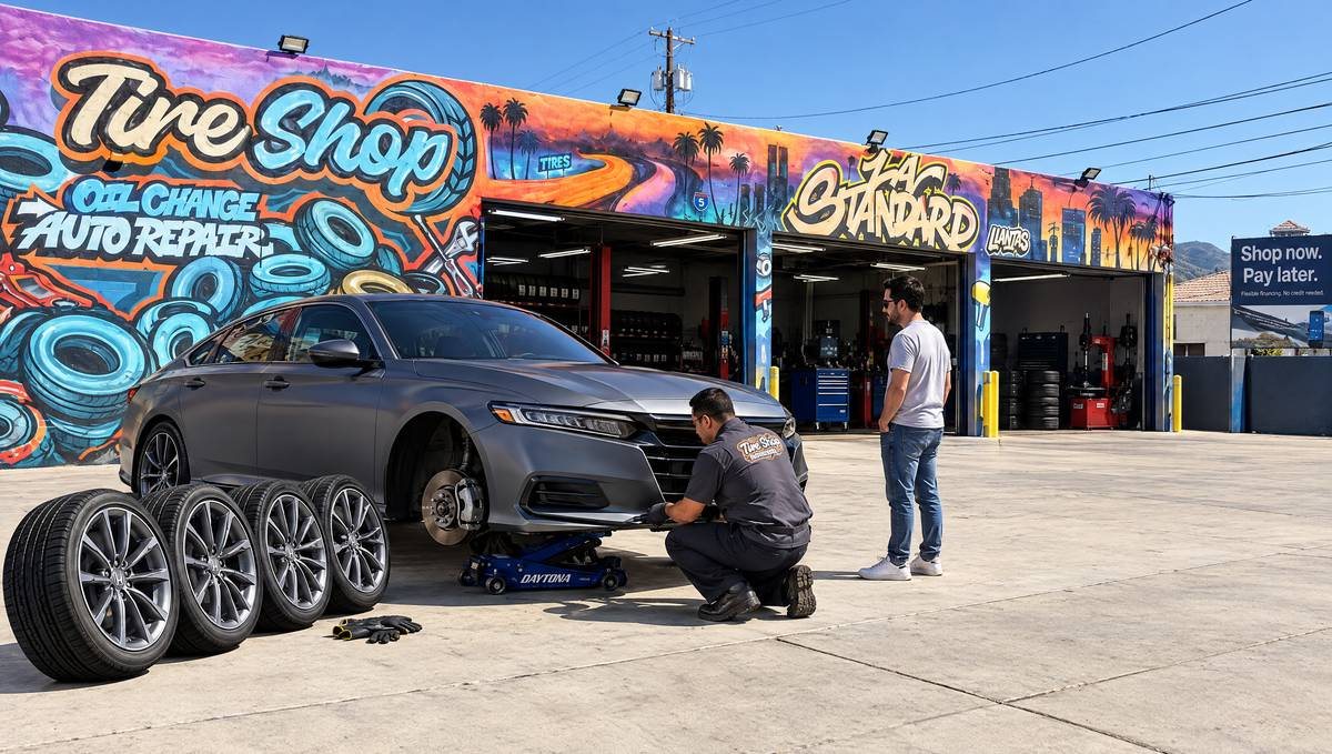 Technician working on a Honda Accord on a jack, wheel off and brake rotor exposed, outside LA Standard