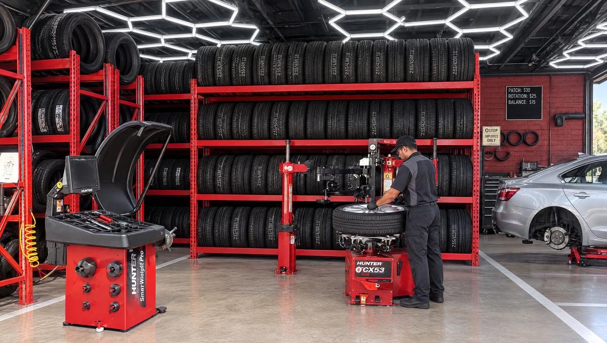 Technician mounting a tire on a Hunter tire changer beside racks of new tires at LA Standard in Sun Valley
