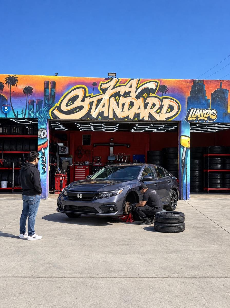 Technician swapping a wheel on a Honda Civic at the LA Standard Llantas shop entrance in Sun Valley, CA