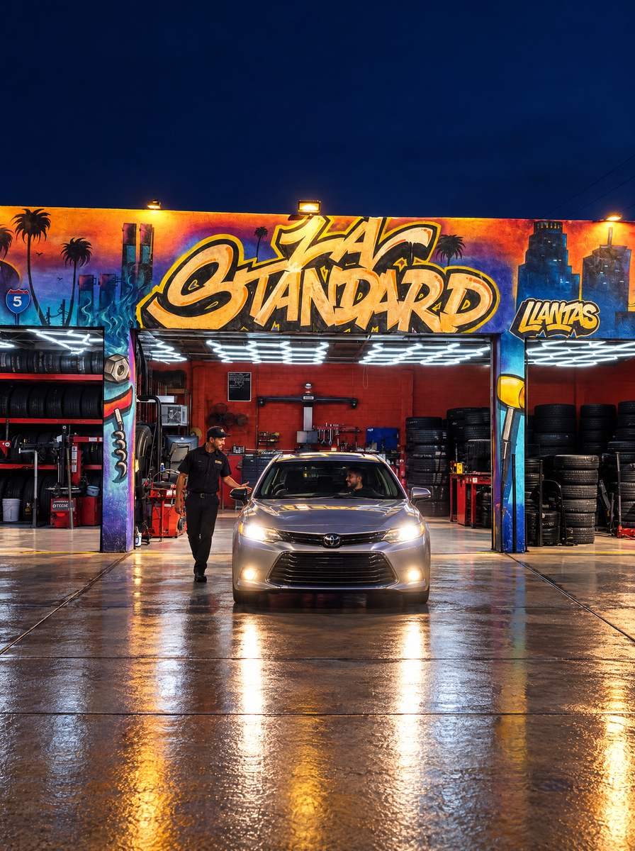 Technician guiding a customer car into the lit LA Standard Llantas service bay at night in Sun Valley, CA