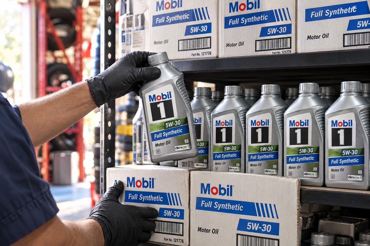 Gloved hand taking a bottle of Mobil 1 5W-30 full synthetic motor oil from a stocked shelf at LA Standard