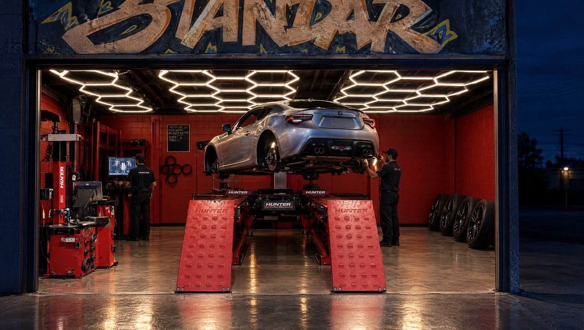 Sports coupe raised on the lift with its wheels off in the red service bay at night at LA Standard, Sun Valley