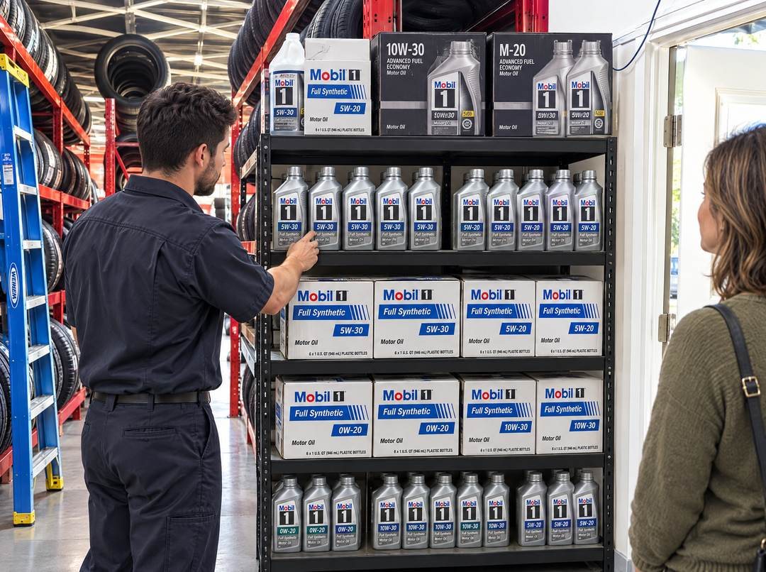 Technician choosing Mobil 1 full synthetic motor oil from a stocked shelf for a customer at LA Standard