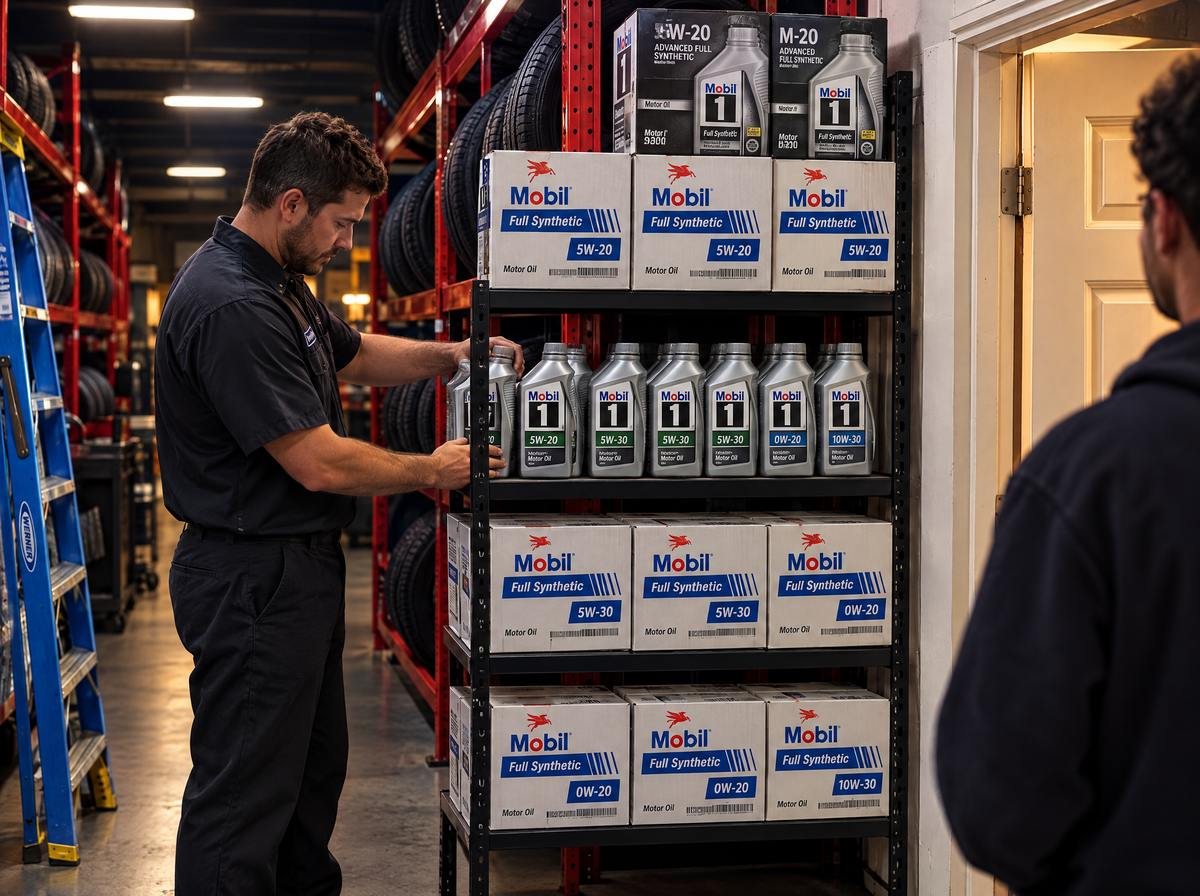 Technician stocking Mobil 1 full synthetic motor oil shelves beside the tire racks at LA Standard, Sun Valley