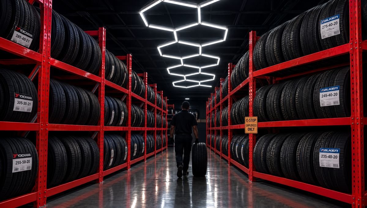 Technician carrying a tire down the lit aisle of Yokohama and Falken tires at LA Standard, Sun Valley