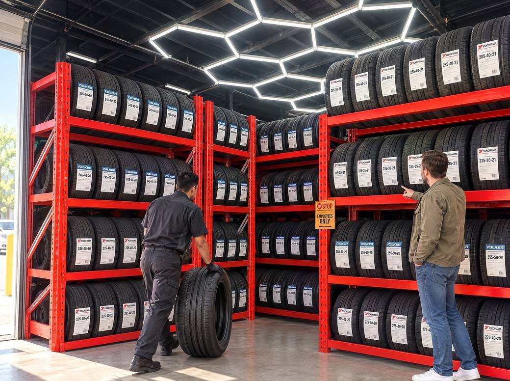 Technician rolling a new tire past red racks of Yokohama and Falken tires at LA Standard in Sun Valley