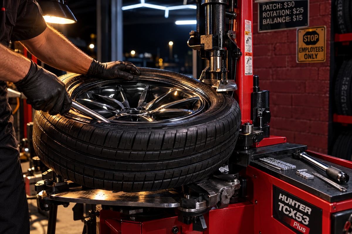 Gloved technician mounting a low-profile tire on an alloy wheel with a Hunter tire changer at LA Standard