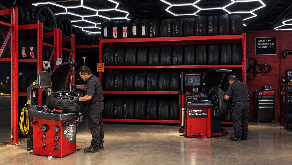 Two technicians mounting and balancing tires on Hunter machines at night inside LA Standard in Sun Valley